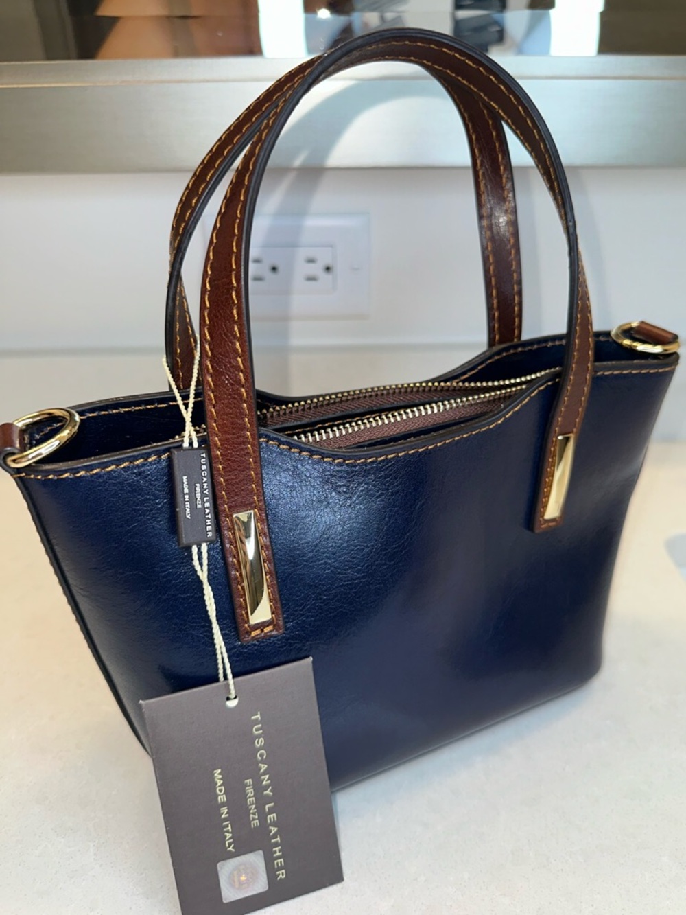 Tuscany Leather Navy Leather Tote with Brown Handles